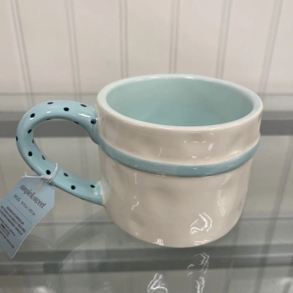 Pastel Blue Bow 🎀🩵 Coquette Polka Dot hand painted Ceramic Coffee Mug NWT